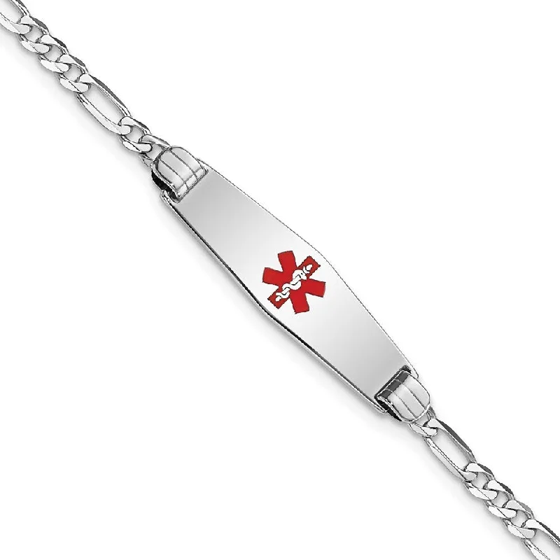 Chevron gem bracelet-14k White Gold 3mm Medical Soft Diamond Shape Red Enamel Figaro Link ID Bracelet, 7"