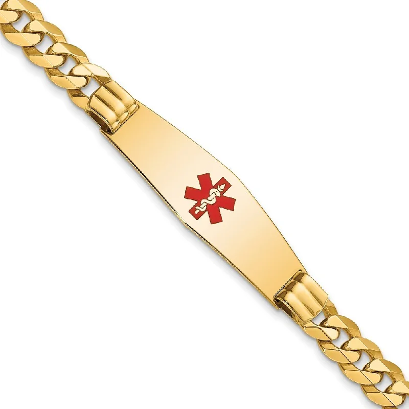 Lightweight silver bracelet-14k Yellow Gold 13.5mm Medical Soft Diamond Shape Red Enamel Flat Curb Link ID Bracelet, 8"