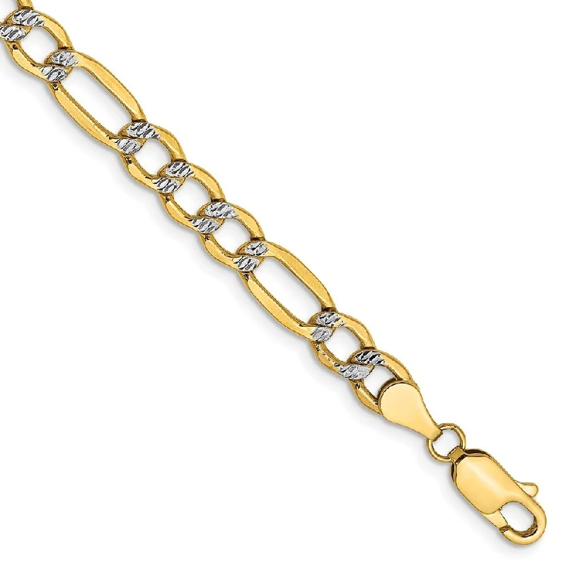 Three-stone bracelet-14k Yellow Gold 5.25mm Semi-solid with Rhodium Pav‚ Figaro Chain Bracelet, 7"