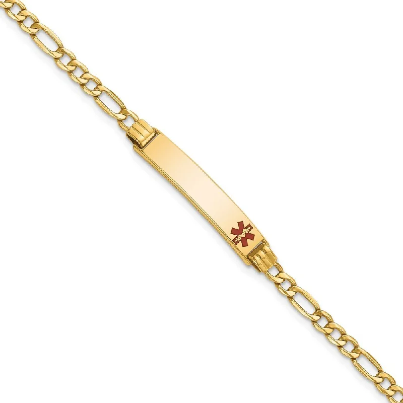 Modern minimalist bracelet-14k Yellow Gold 5.5mm Semi-Solid Medical Polished Red Enamel Figaro ID Bracelet, 7"