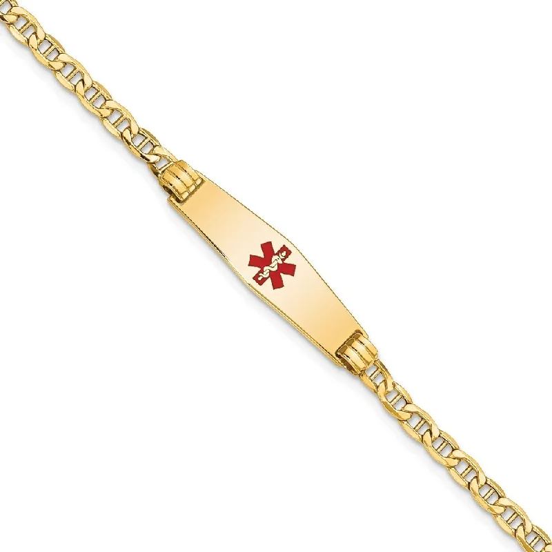 Rough diamond bracelet-14k Yellow Gold 7.5mm Medical Semi-Solid Soft Diamond Shape Red Enamel Anchor ID Bracelet, 7"