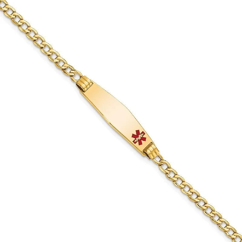 14k Yellow Gold 7.5mm Medical Semi-Solid Soft Diamond Shape Red Enamel ID Cuban ID Bracelet, 7"