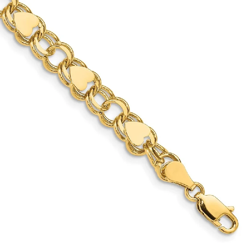 Classic link bracelet-14k Yellow Gold 7mm Double Link with Hearts Charm Bracelet, 7"