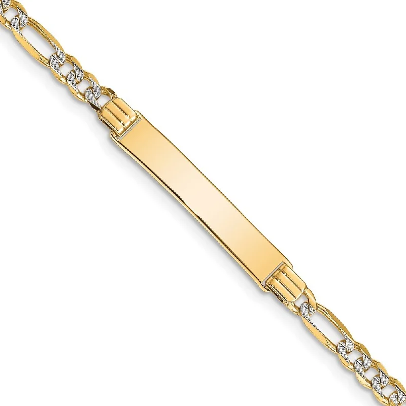 Tribal engraved bracelet-14k Yellow Gold with Rhodium 5.3mm Pav‚ Figaro ID Bracelet, 7"