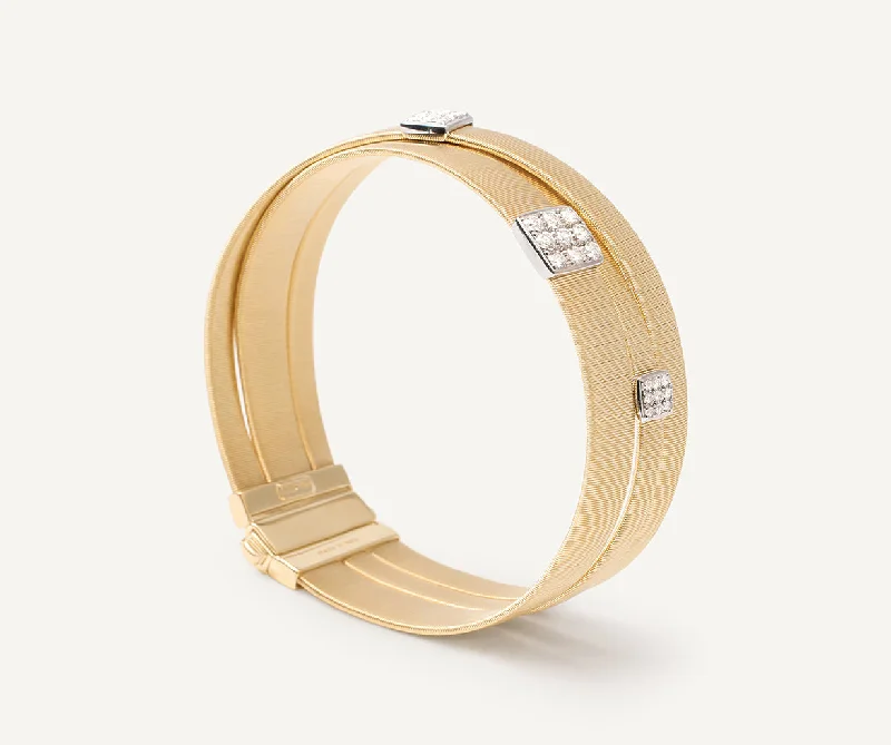 18K Yellow Gold 3-Strand Mixed Coil Bracelet With Diamonds Stations