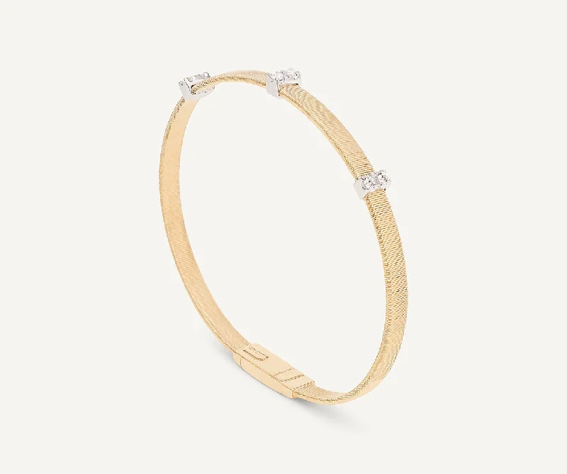 Flat-bar bracelet-18K Yellow Gold Medium Stackable Bracelet With 3 Diamonds Pavé Stations