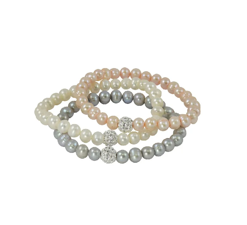 Satin gold bracelet-6MM White Pink Grey Pearl 3-Piece Stretch Bracelet