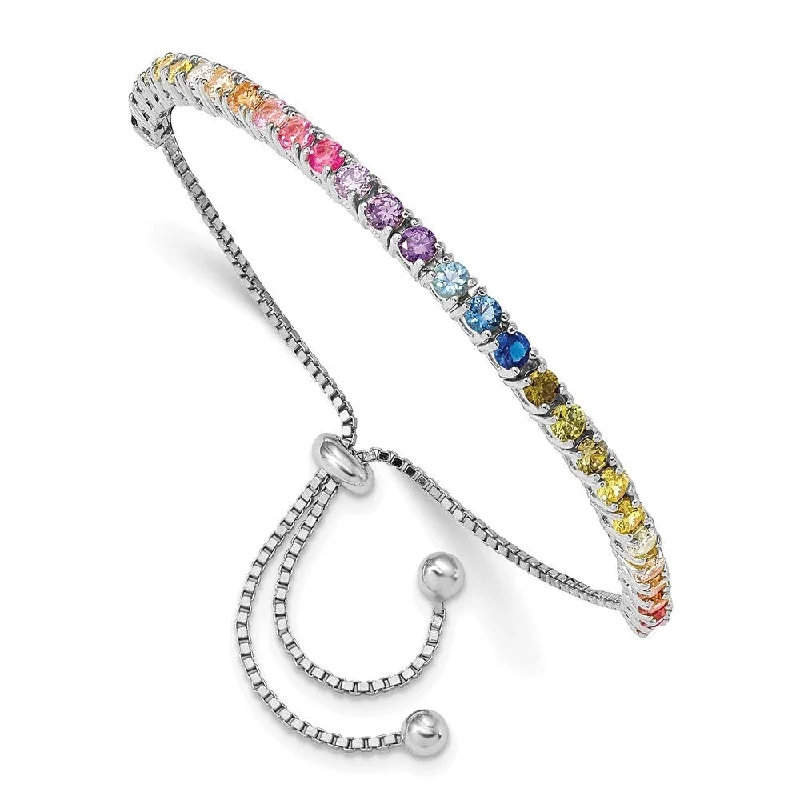 Flat-bar bracelet-925 Sterling Silver Rhodium-plated 3mm Colorful Cubic Zirconia Adjustable Bolo Bracelet