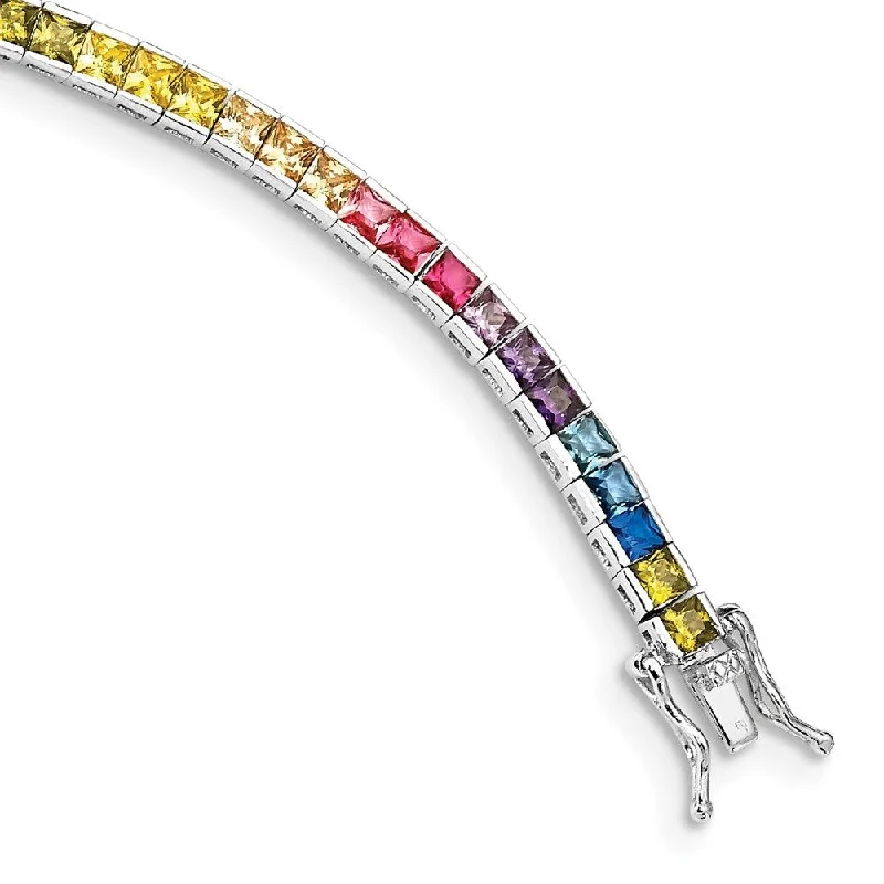 Vintage opal bracelet-925 Sterling Silver Rhodium-plated Channel-Set Colorful Cubic Zirconia Bracelet, 7.25"