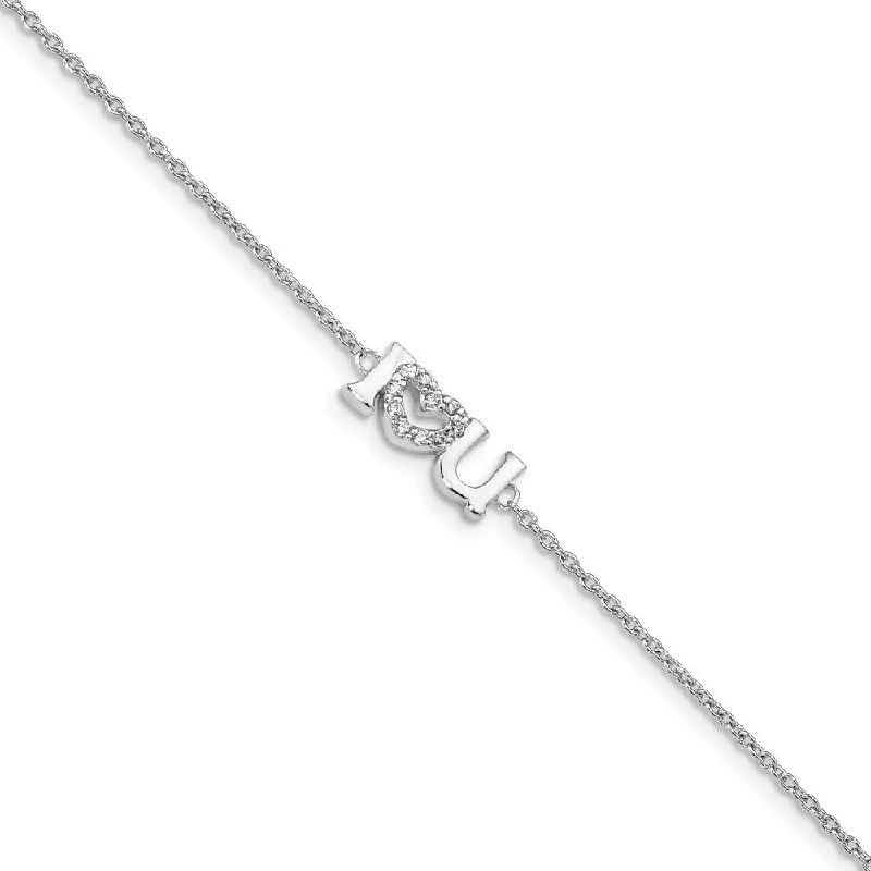 Sun motif bracelet-925 Sterling Silver Rhodium Plated Cubic Zirconia I Heart U Bracelet, 7.5"