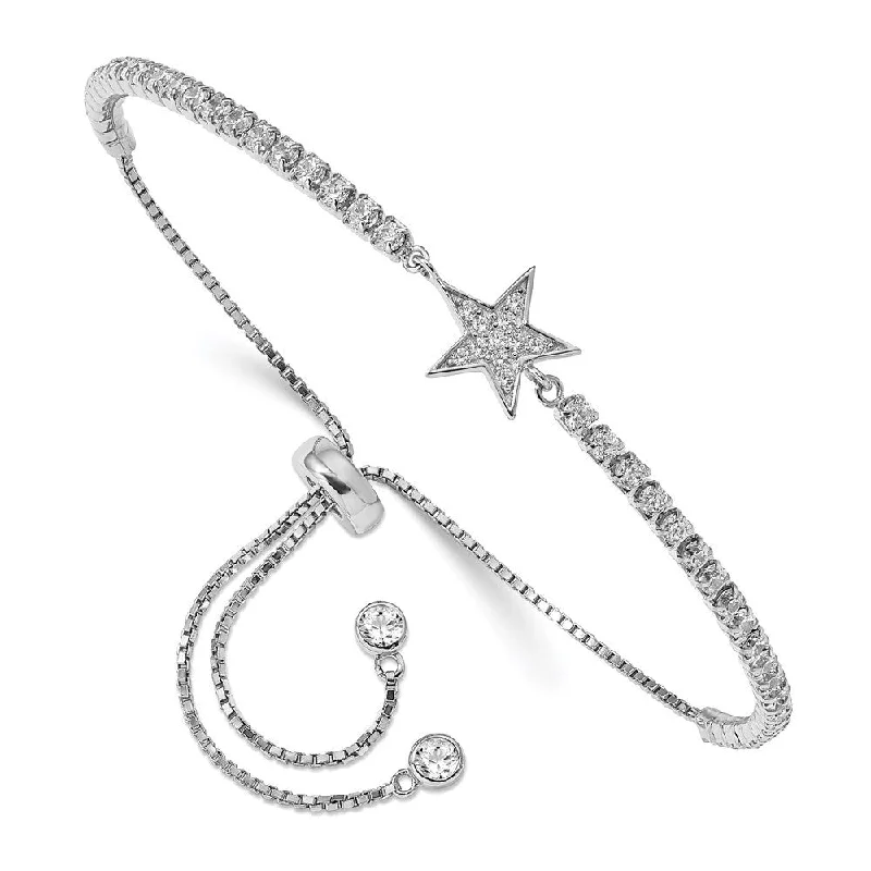 Rough diamond bracelet-925 Sterling Silver Rhodium-Plated Cubic Zirconia Star Adjustable Bracelet, 10"