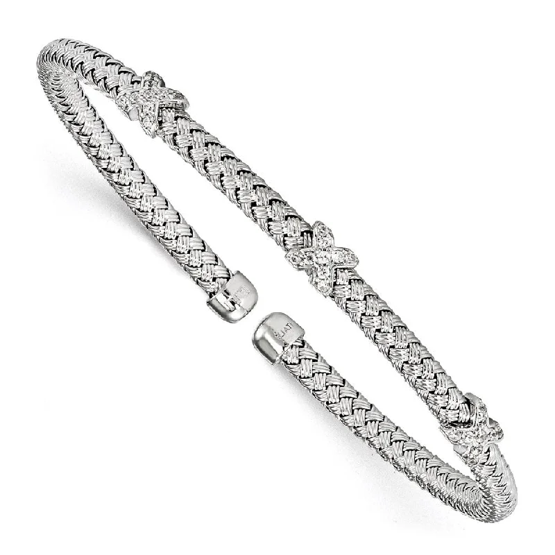 Matte rose bracelet-925 Sterling Silver Rhodium-plated Cubic Zirconia Woven Cuff Bracelet, 6.75"