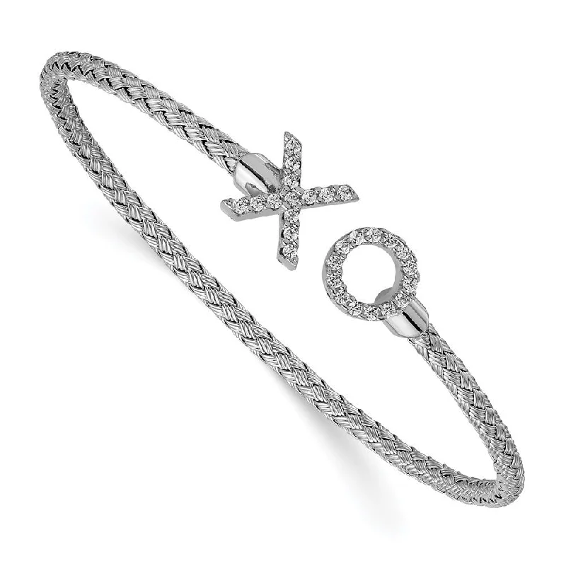 Frosted finish bracelet-925 Sterling Silver Rhodium-plated Cubic Zirconia X & O Woven Flexible Cuff Bracelet