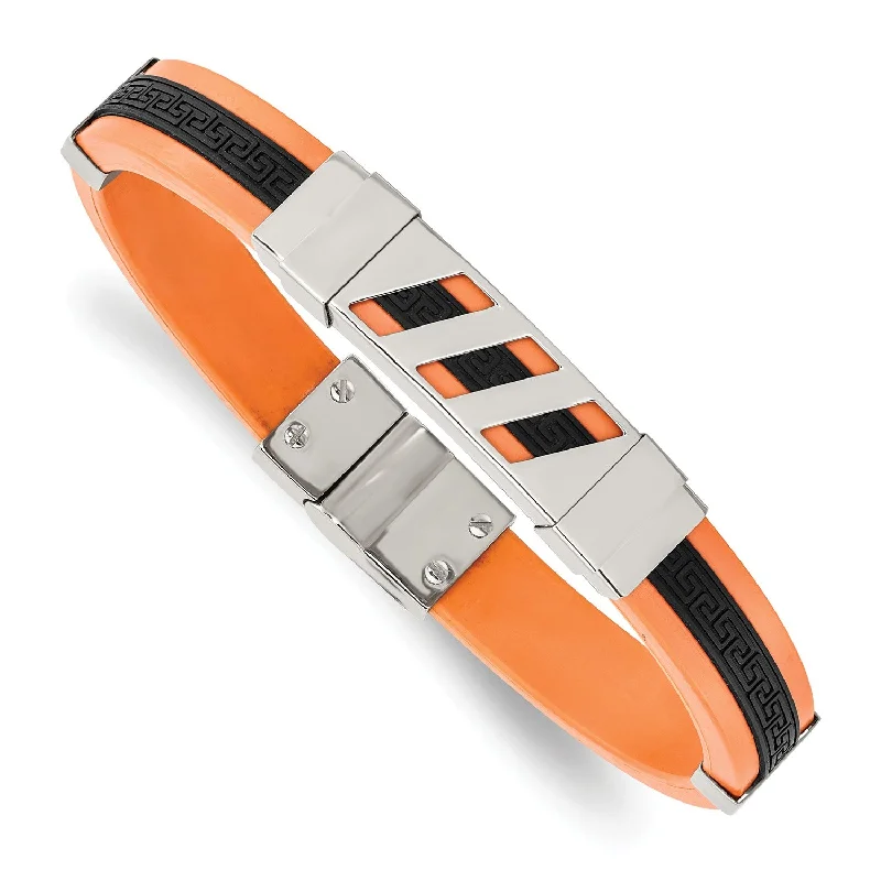 Tribal engraved bracelet-Stainless Steel Black and Orange Rubber 8in Bracelet