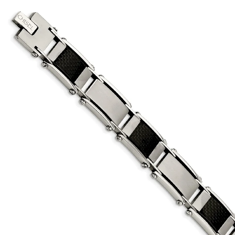 Floating gem bracelet-Stainless Steel Brushed & Polished Black Carbon Fiber Inlay Bracelet