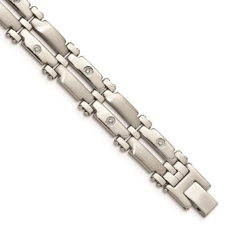 Flat-bar bracelet-Stainless Steel w/14k White Gold Accents & Diamonds 8.5in Bracelet