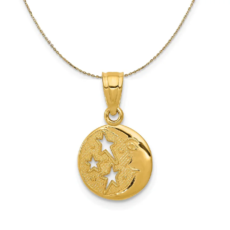 Embossed gem necklace-14k Yellow Gold 10mm Moon and Stars Necklace