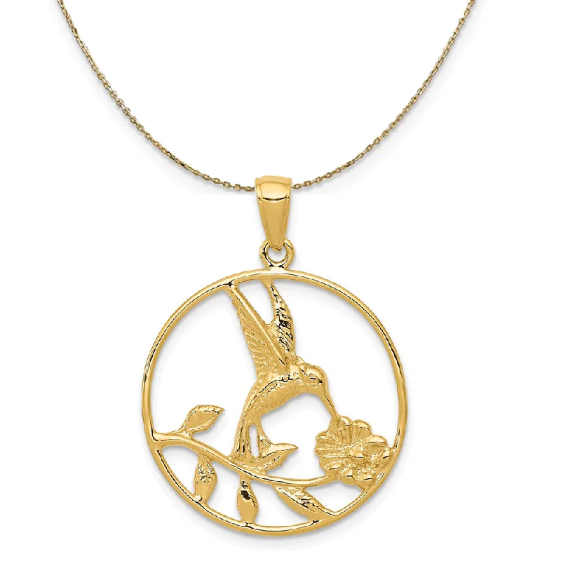 14k Yellow Gold 24mm Round Hummingbird and Flower Necklace