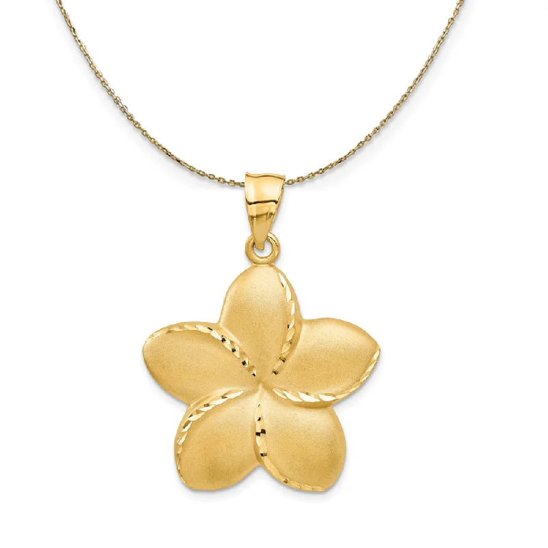 Glittering diamond necklace-14k Yellow Gold 28mm Satin and Diamond Cut Plumeria Necklace