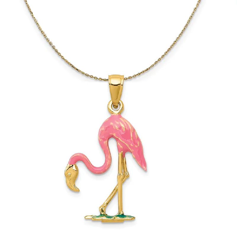 Tapered gem necklace-14k Yellow Gold and Enamel 3D Pink Flamingo Necklace