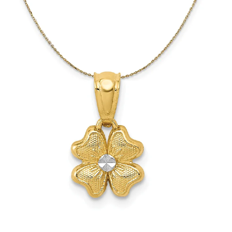 Tribal engraved necklace-14k Yellow Gold and Rhodium Mini Four Petal Flower Necklace