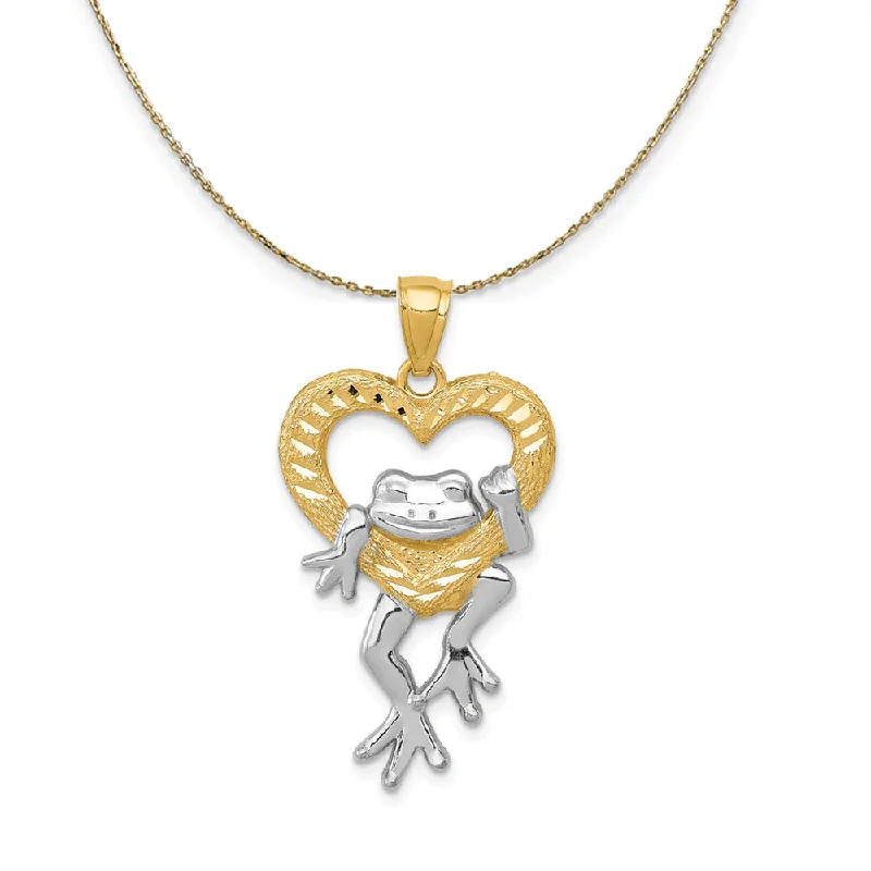 Rustic sapphire necklace-14k Yellow Gold and Rhodium Two Tone Frog and Heart Necklace