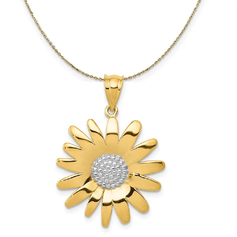 Shiny silver necklace-14k Yellow Gold and Rhodium Two Tone Sunflower Necklace