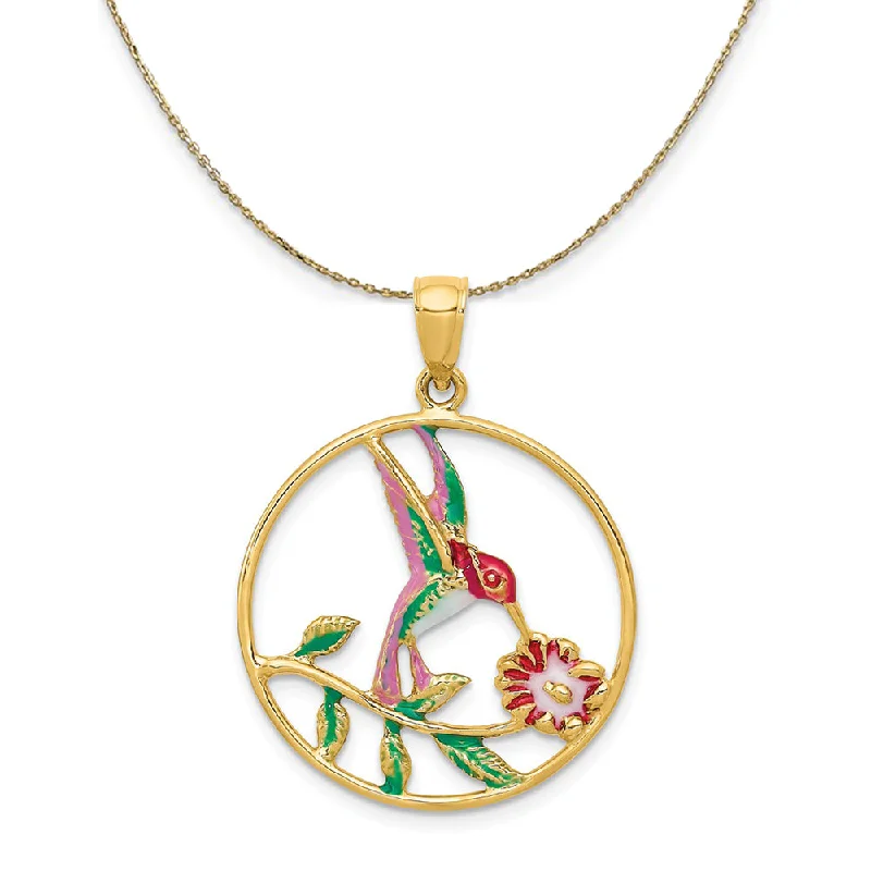 Modern citrine necklace-14k Yellow Gold & Enamel Round Hummingbird & Flower Necklace