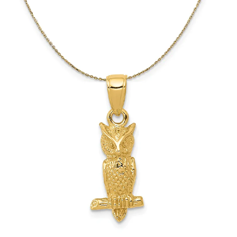 Textured silver necklace-14k Yellow Gold Small 3D Owl Necklace