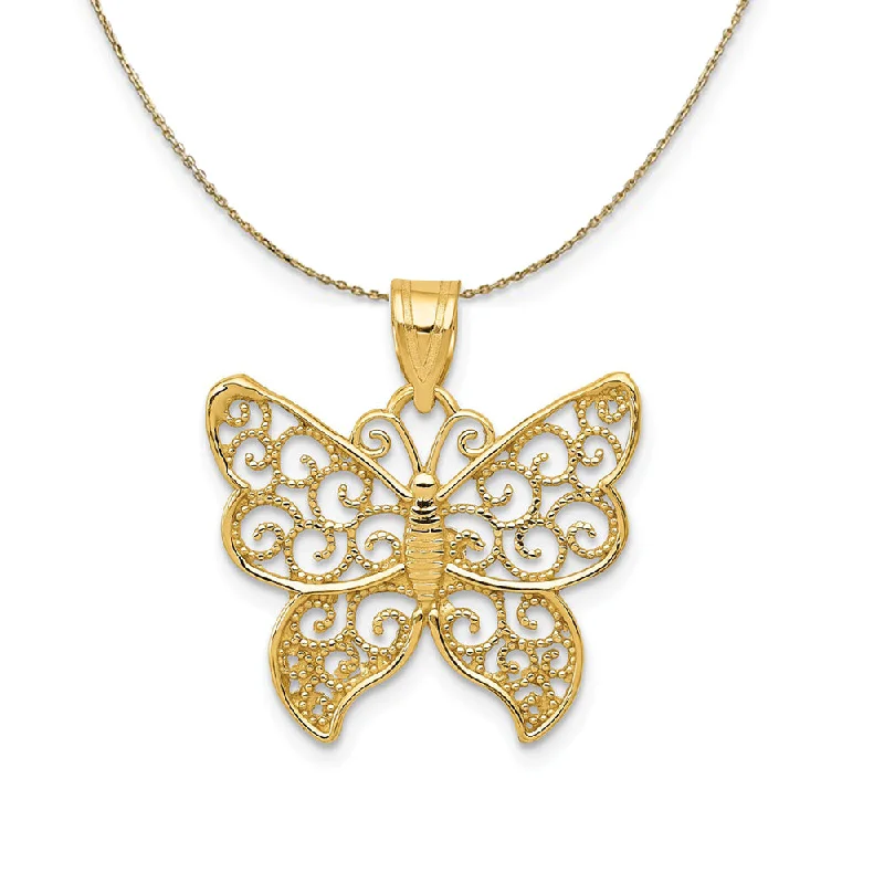 Infinity chain necklace-14k Yellow Gold Textured Filigree Butterfly Necklace