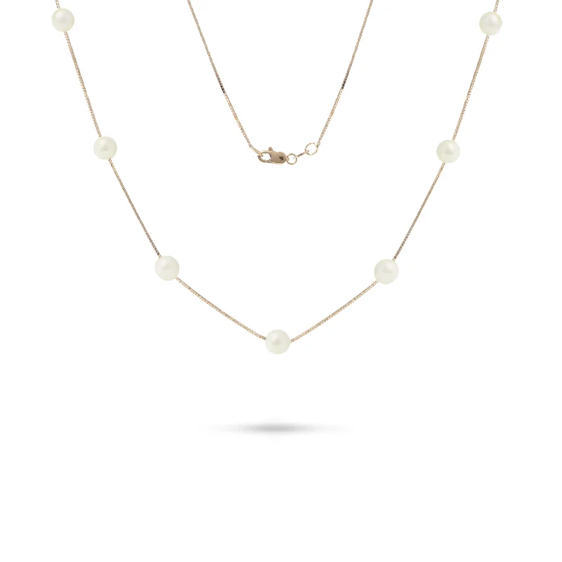 Crisscross necklace-18" Freshwater White Pearl Necklace in Gold - 5-6mm