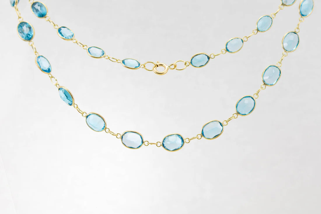 Bold pave necklace-9ct Yellow Gold Blue Topaz Graduated Line Necklace