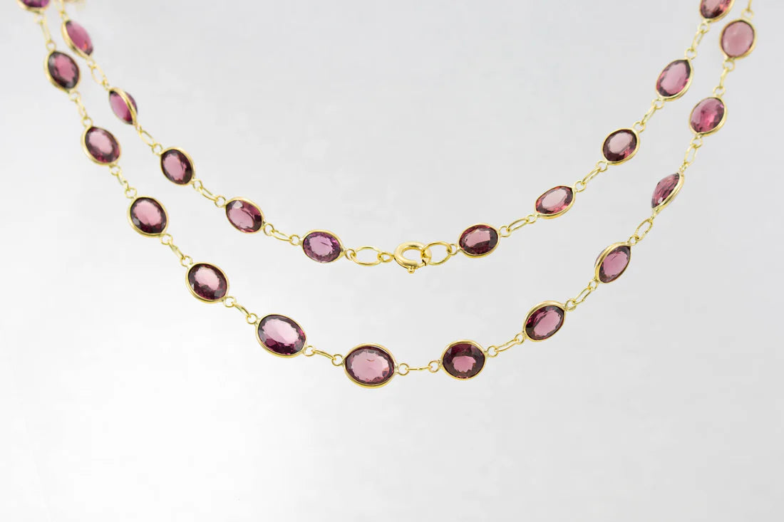 Tapered chain necklace-9ct Yellow Gold Garnet Graduated Line Necklace