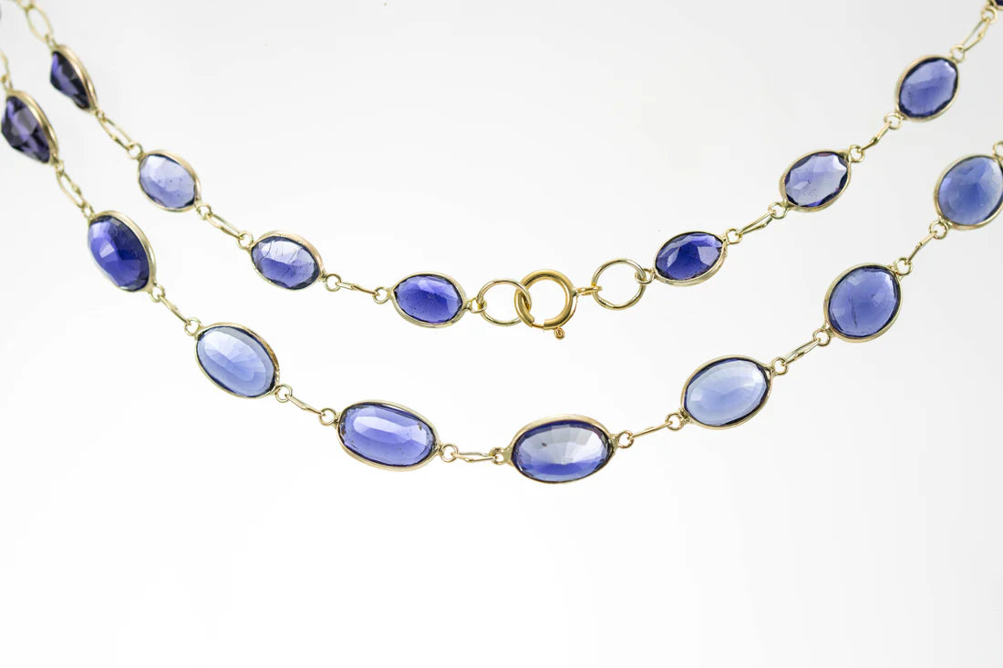 Floral cluster necklace-9ct Yellow Gold Iolite Graduated Line Necklace