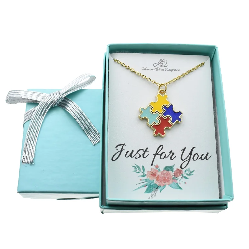 Autism Awareness Puzzle Necklace in Gold Toned Mixed Metal and Enamel. Custom Autism Awareness. Awareness Gifts. Puzzle Pieces.