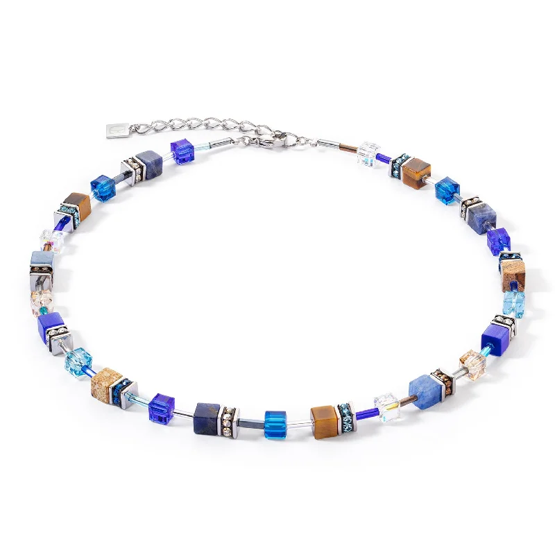 Shiny silver necklace-Coeur De Lion GeoCUBE® Iconic Precious Blue Brown Necklace