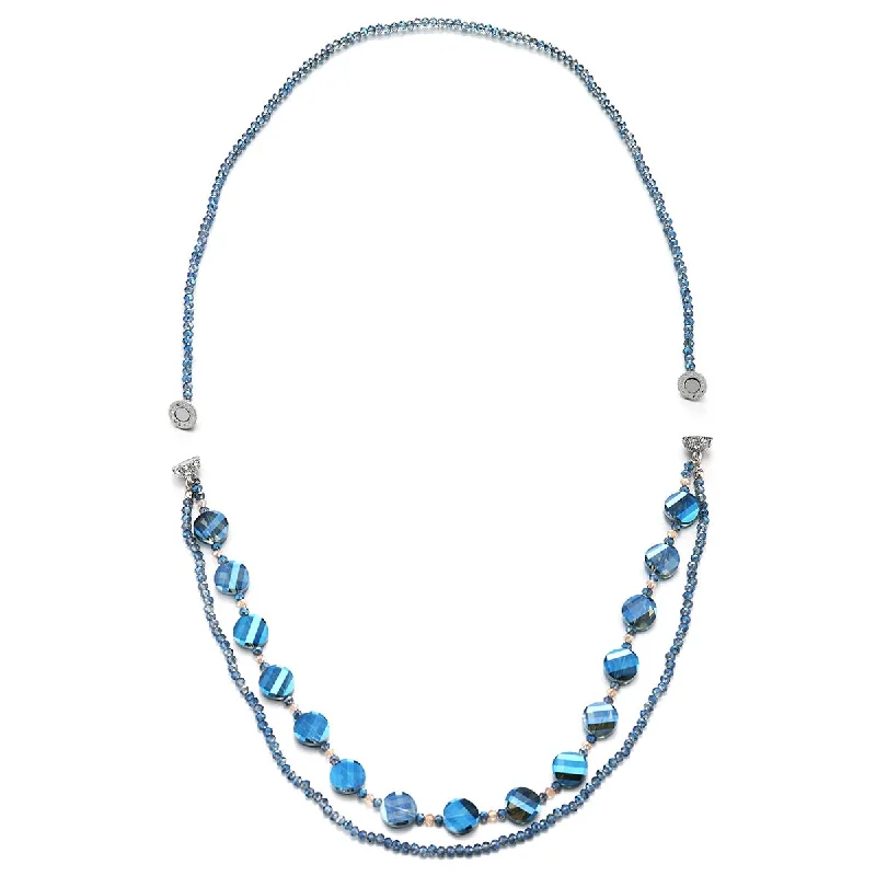 Hammered finish necklace-COOLSTEELANDBEYOND Crystal Beads Necklace, Long Blue Crystal Chain with Cubic Zirconia and Magnetic Clasp Detachable into Two Pieces