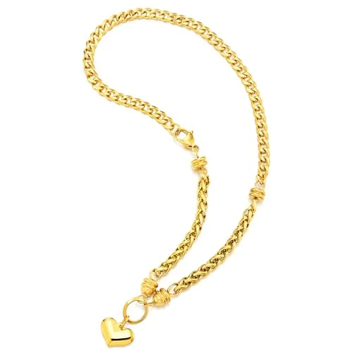 COOLSTEELANDBEYOND Hipster Gold Color Chain Necklace, Puff Love Heart Pendant Necklace Steel Gold Color Polished, Women