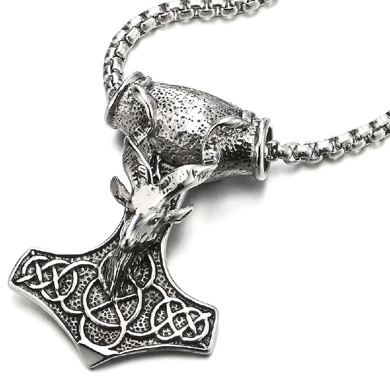 Rough-cut necklace-Large Steel Mens Thors Hammer Pendant Necklace with Goat Head and Irish Celtic Knot, 30 Inches Chain