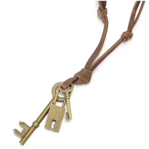 Flush-mount necklace-COOLSTEELANDBEYOND Retro Bronze Lock and Key Pendant Necklace for Mens Womens with Adjustable Brown Leather Cord