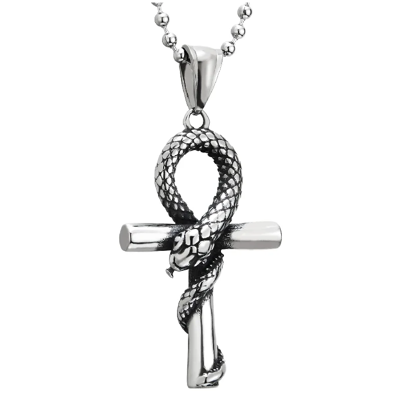 Open-heart necklace-COOLSTEELANDBEYOND Stainless Steel Cobra Snake Cross Pendant Necklace for Men Women, 24 Inches Ball Chain