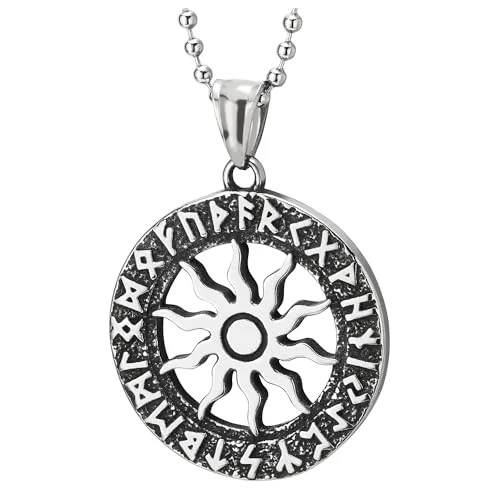 Statement onyx necklace-COOLSTEELANDBEYOND Sun Disk Amulet Talisman Wheel Pendant with Old Futhark, Mens Steel Necklace Medallion Circle Medal