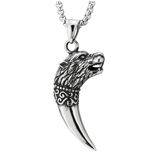 Dotted gem necklace-COOLSTEELANDBEYOND Tooth Tusk Horn Wolf Head Pendant Mens Stainless Steel Necklace with 30 inches Wheat Chain