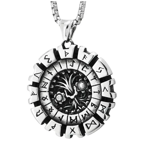 COOLSTEELANDBEYOND Viking Yggdrasil Circle of Life Medal Pendant Norse Tree Runes Amulet Mens Steel Vintage Necklace