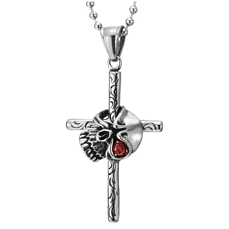 Exclusive Mens Womens Steel Vintage Textured Cross Skull Pendant Necklace with Red CZ, 23.6 in Chain