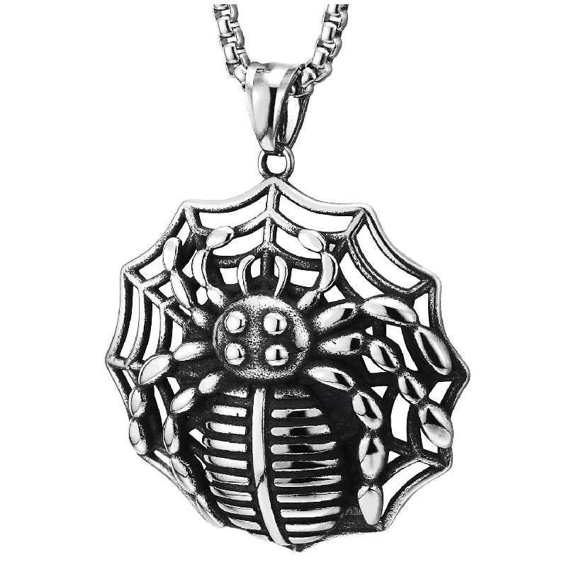 Large Stainless Steel Vintage Spider Web Pendant Necklace for Men Women, 30 inches Wheat Chain