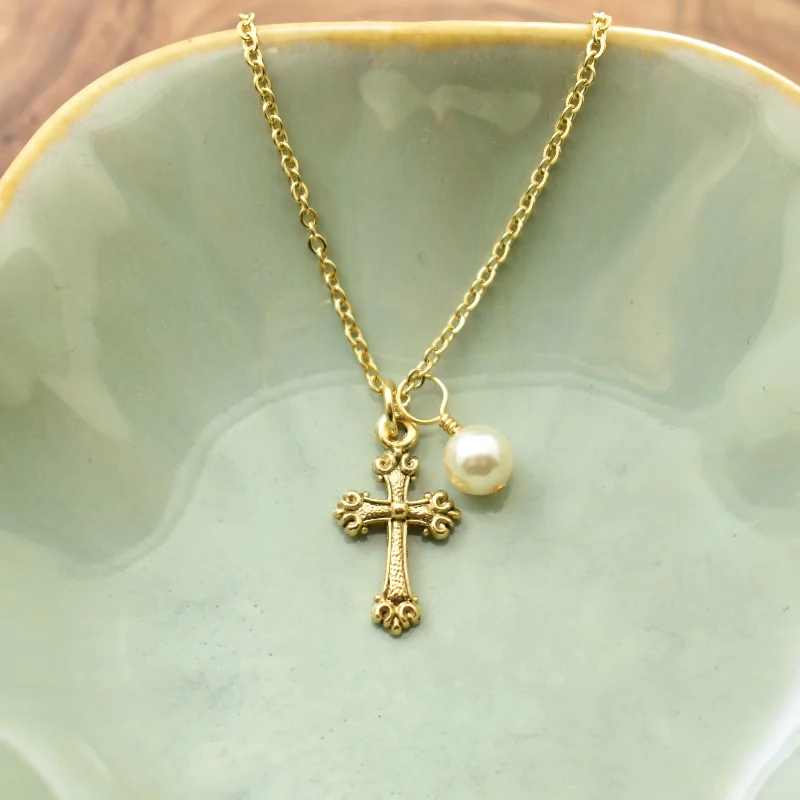 Brushed gold necklace-Little Girl's Gold Cross Necklace with Crystal Pearl. Baptism Jewelry. First Communion Gift.