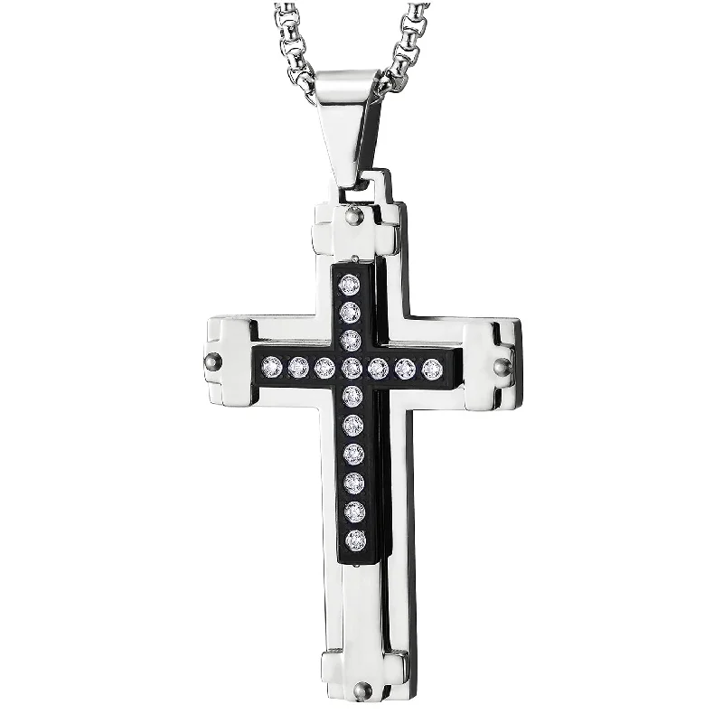 Man Women Steel Silver Black Three-row Cross Pendant Necklace CZ and Rivets, 30 in Wheat Chain