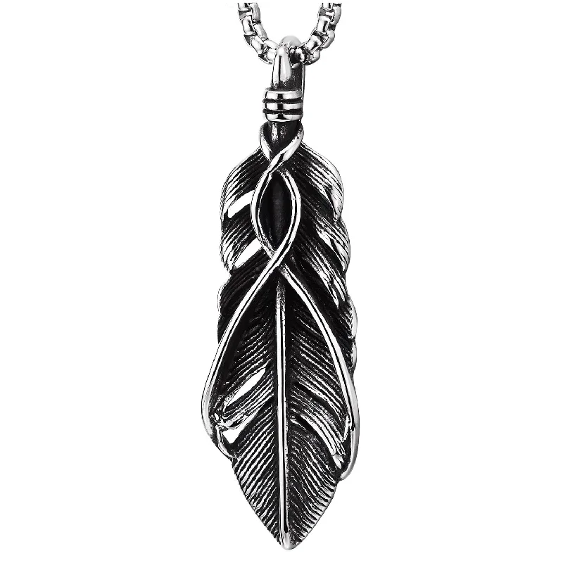 Man Womens Vintage Stainless Steel Feather Pendant Necklace with 30 inches Wheat Chain, Biker Punk