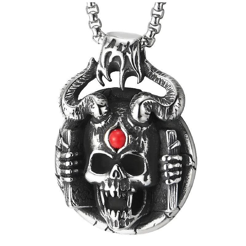 Men Steel Vintage Horn Flame Hand Skeleton Skull Pendant Necklace Red Gem Stone, 30 in Wheat Chain